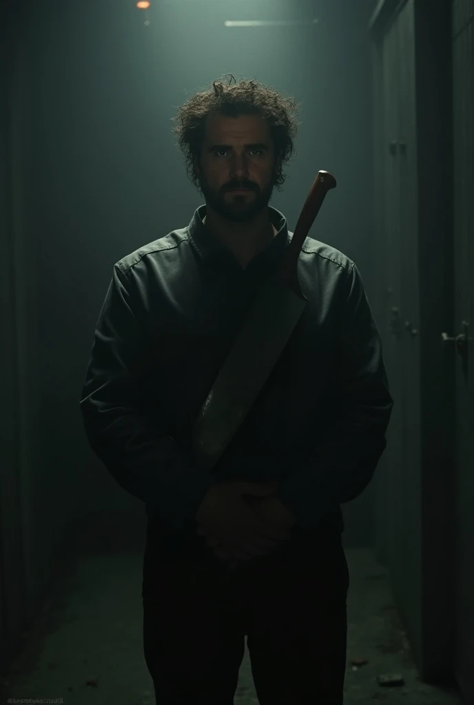 Shows a picture of a man (looks like actors Seth Rogen, TJ Miller, or Drew Dunn). The man is holding a large butcher knife behind his back. It is a dark comedy. so generate image according to the genre of the movie.