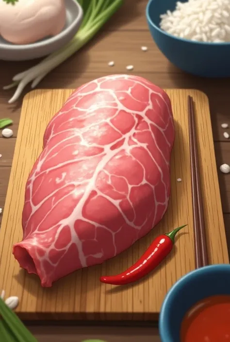 An animated image of a raw meat on a wooden cutting board. There are chopsticks on the cutting board， along with a red chili pepper. There is a small bowl of rice on the left side of the image， and a blue bowl with rice in it on the right side. A white chi...