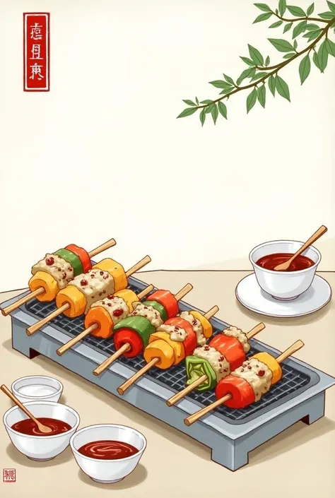 a detailed detailed illustration features a variety of kabobs and vegetables arranged on a metal grill. The skewers are arranged in a row， each topped with a white bowl of red sauce and a wooden spoon， adding a pop of color to the scene. To the right of th...