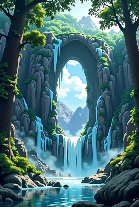 The opening of a cave with waterfall and clouds and ice and trees forest