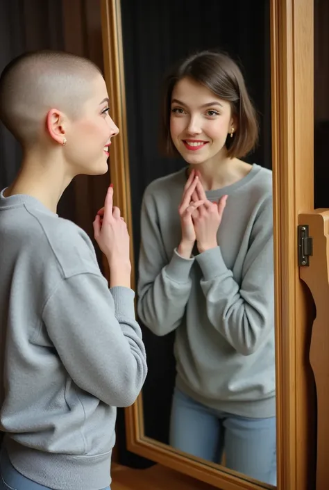 a beautiful bald girl whose head is clean shaven, crimson red lipstick wearing a sweatshirt, and is looking in a mirror. (Her reflection is of a different girl, in the mirror is an (emo girl) wearing eyeliner, red lipstick, who has brown hair with bangs.) 