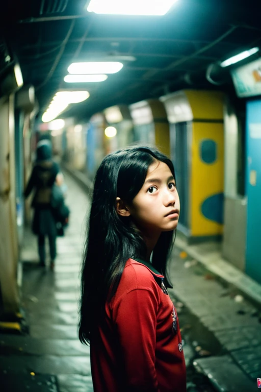  1 girl,   Long Black Hair ,17yo, Indonesia, ((Realistic)),  RAW can do cinema , 16mm,  color grading Portra 400 film, Outstanding colors,  super real, Filmed with a movie camera,  Detailed Skin Textures ,  The subsurface of  、 (((Cute poor refugee girl)))...