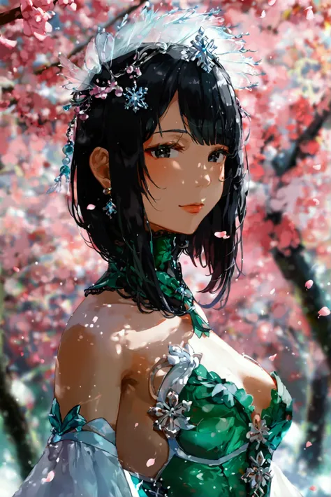 Japanese anime style。An 18-year-old beautiful girl。 black straight, long waist-length hair。Bangs。Body type: thin。Flat chest。Black eyes with small cuts 。Knee-length white dress with 、 the color from shoulder to sleeve is emerald green（hex: #41A58F）。 straigh...