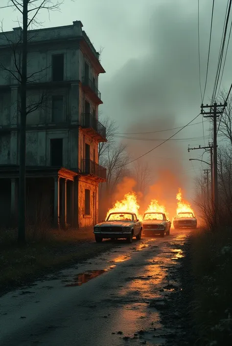 Old building road with 3 car on fire background 