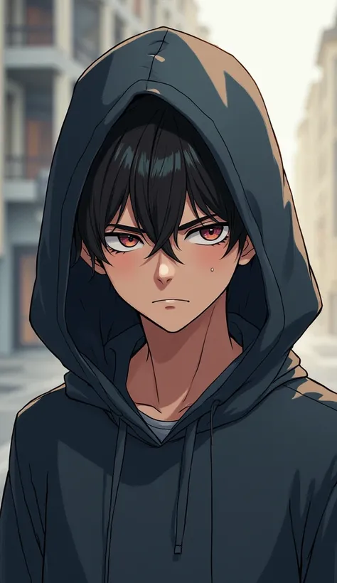 19 years old boy anime style with hoody and attitude face and only upper body