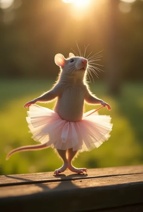 A tiny rat dressed as a ballet dancer, captured in a full-length portrait as it gracefully balances on a park bench in Central Park at dawn. The rat’s delicate tutu and miniature ballet slippers catch the soft morning light, highlighting its elegant pose. ...