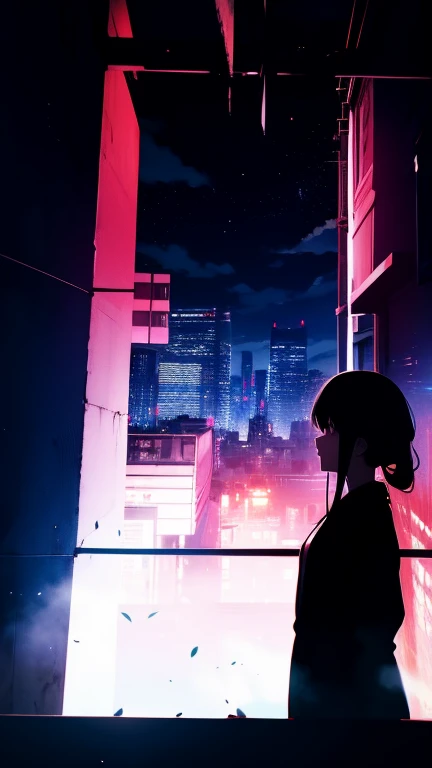 Anime, (silhouette), 1 girl, star (null), cloud, cityscape,  building, city, Outdoor, nullscraper, city lights, night, night null, sunset, nullline,Streetscape