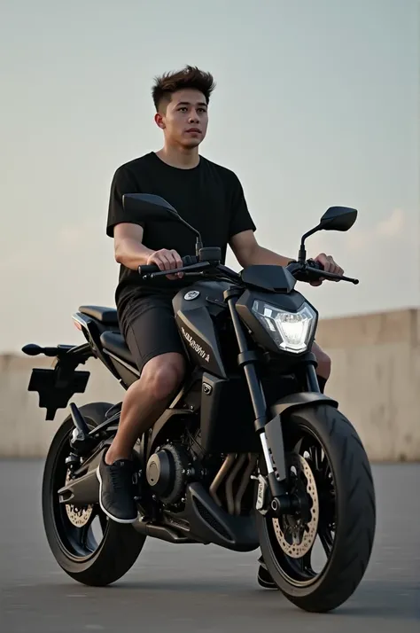 A realistic 18yr old boy sitting on black coloured yamaha mt 15 bike wear black shorts and black t shirt 