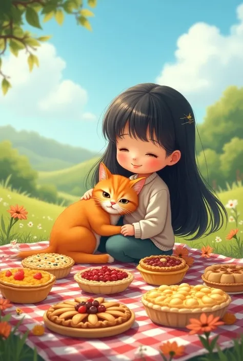 A black hair girl and her pretty orange cat in a picnic with alot of pie