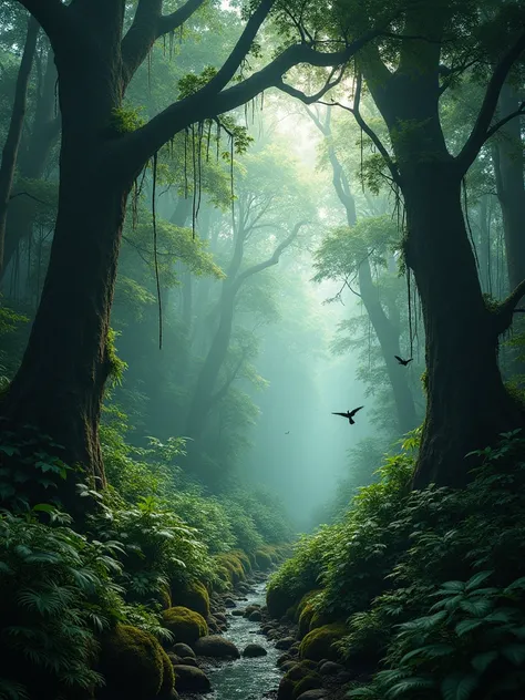 Create a dense, mysterious jungle scene with towering trees, thick vines, and lush greenery. The forest floor is covered in moss and ferns, while the canopy above is thick, allowing only dappled sunlight to filter through. Mist hangs in the air, giving the...