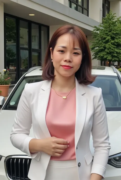 huongtrinh,A very beautiful vietnam woman, 39 years old, dressed neatly, standing in front of a car, building,（White jacket, pink silk blouse with two buttons undone, long brown hair, wavy hair, earrings, gold necklace, large, soft breasts, pale navy tight...