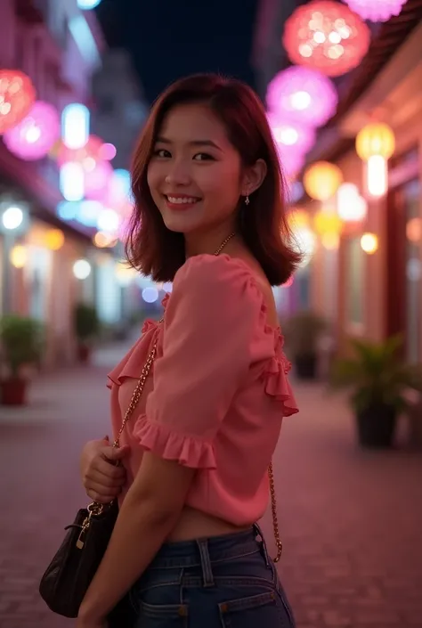 Photo of a young Indonesian woman with a sweet smile .  She has shoulder-length light brown hair and is wearing a ruffled pink blouse .  She is wearing a pair of knee-high boots and a branded bag .  The backdrop is a historic city with colorful LED lights ...