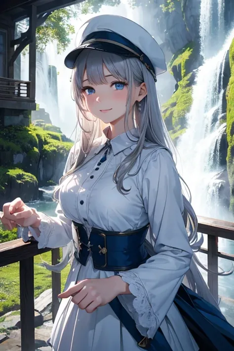 (masterpiece:1.2),(4K),high quality, super high definition,( Perfect Anatomy),( 1 girl), very detailed faces ,Silver long hair, Beautiful Delicate Blue Eyes , has a smiling face, viewers,Long Sleeve Petal Collar Blouse , White Newsboy Cap ,Tiered skirt,Unf...