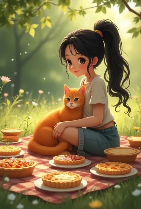 A black hair girl having ponytail and her pretty orange cat in a picnic with alot of pie