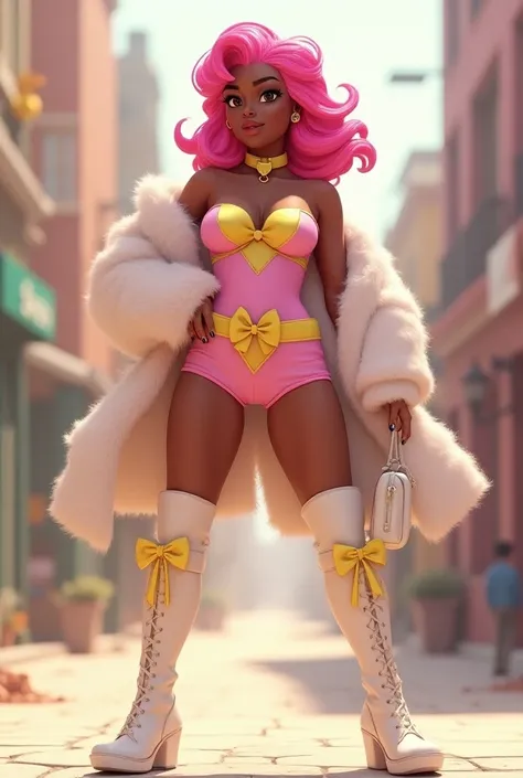 A darkskin girl with hot pink 4c hair and honey brown eyes Her hero costume is a full pastel pink short body suit with a light yellow on the top, a sweetheart neckline, white belt with a yellow heart buckle, light yellow ribbon bow choker that faces the le...