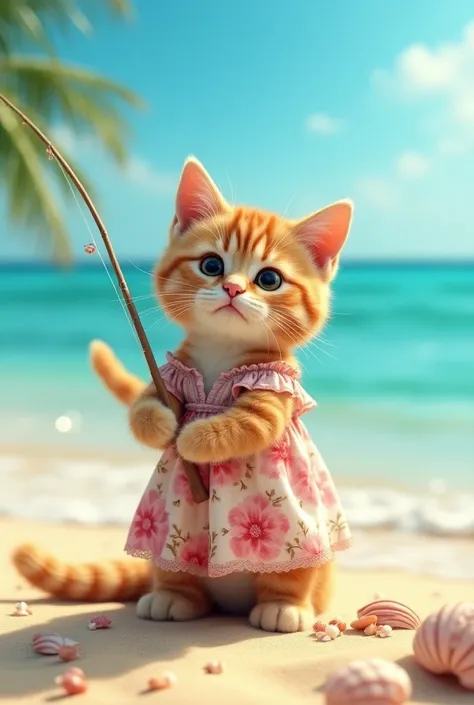 Cat wearing a summer dress and fishing on the beach, 8k,