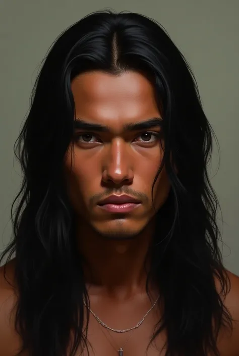 Ugly young man 20 years old with long black straight hair, on the high and wide forehead with a dark olive skin tone.  native american 