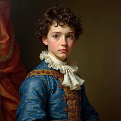 Rembrandt style  ,  Charming full figure ,  half-turn slim figure  , young body ,  healthy beauty ,  portrait of a 14-year-old boy ,  gentle face ,   short hairstyle of curly dark hair ,  blue patterned suit  , with bows, ruffles , jewelry, rubies , tradit...