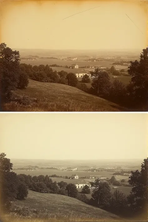 Comparison of Photographs: A side-by-side comparison of Niépces first photograph and a high-resolution modern photograph of the same scene.