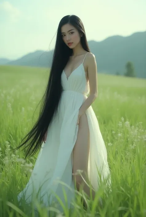  A Uyghur beauty with super black long straight hair, She has thin legs 。 She wears a white skirt ，Standing on the grass， her hair is straight up to her ankles 