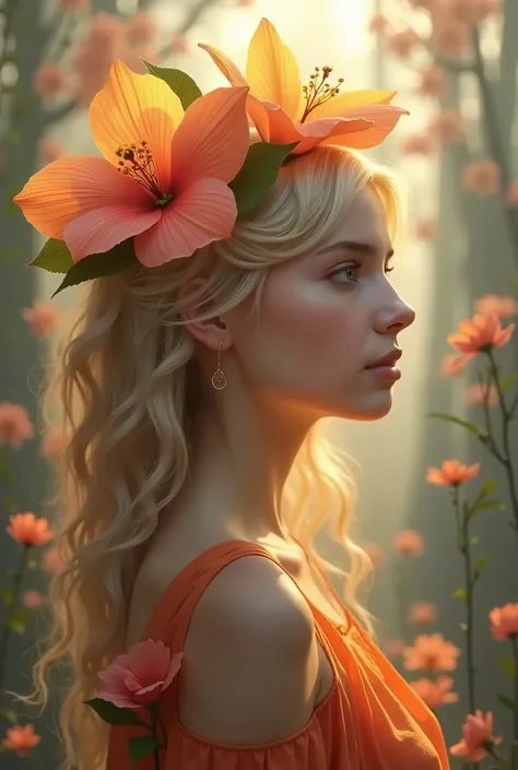 surreal artwork of a stunning blonde girl
surrounded by vibrant, oversized flowers. Her
features blend with floral elements as petals
and leaves intertwine with her hair and
expressions. Use bold colors and fluid shapes
to create a dreamlike atmosphere, bl...