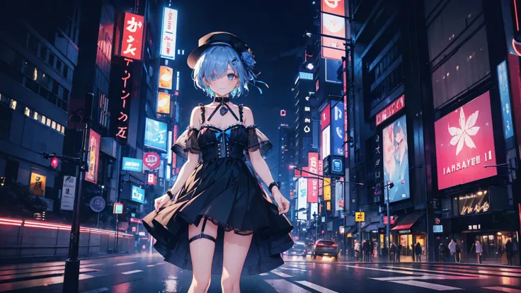  Masterpiece ,   Best quality , 1 girl, blue eyes, blue hair, hair ornament, hair over one eye, hair ribbon, short hair, [smile], (Medium chest), Standing on the road, (collar), Lingerie line , Black skirt, Front Angle,  in standing ,  night city , Neon Li...