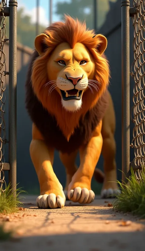 A 3D pixar style The ferocious lion is entering the cage in zoo 