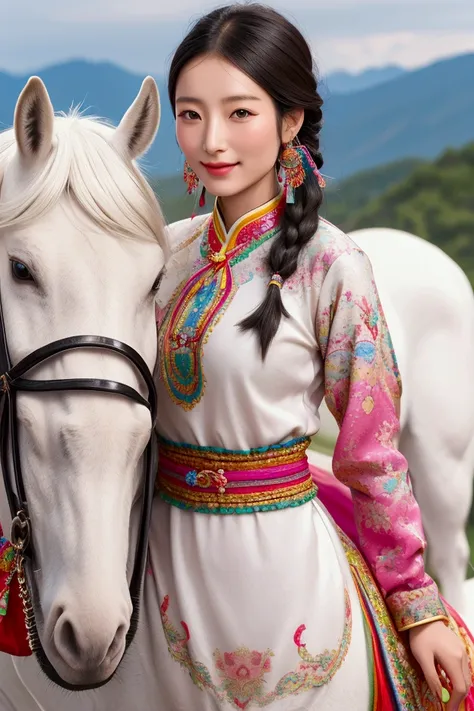 Tibetan woman, beautiful face, cute, charming, good skin, slight smile, charming, riding a white horse, Tibetan-Chinese style of dress, colorful dress, wearing Tibetan accessories, details in the picture look realistic, 8k