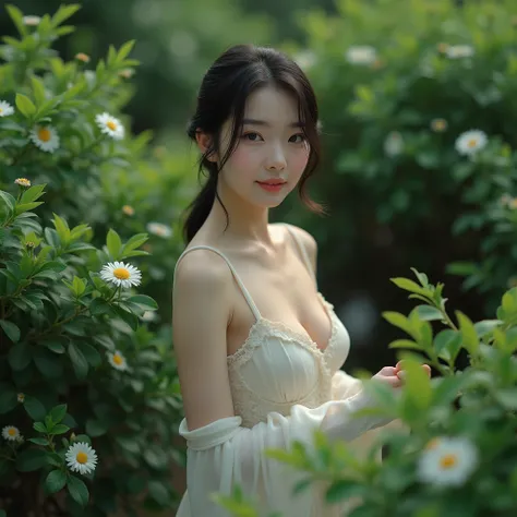 A beautiful japanese girl, naked body, walking in a garden of laurels, white flower with fresh air, light on her chest, 4k, realistic photo, masterpiece, full body:1.9, aerial view