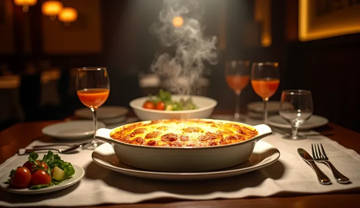 hot gratin in a ceramic dish, steam on top of the gratin, night, restaurant table seating, salad in a bowl, juice in a tumbler, spotlight on gratin,(best quality,4k,8k,highres,masterpiece:1.2),ultra-detailed,(realistic,photorealistic,photo-realistic:1.37),intricate details,cinematic lighting,vibrant colors,mouth-watering,tempting,delectable,delicious,scrumptious,appetizing,sumptuous feast,elegant table setting,rustic wooden table,linen tablecloth,fine china,crystal glassware,Spotlight on the plate,