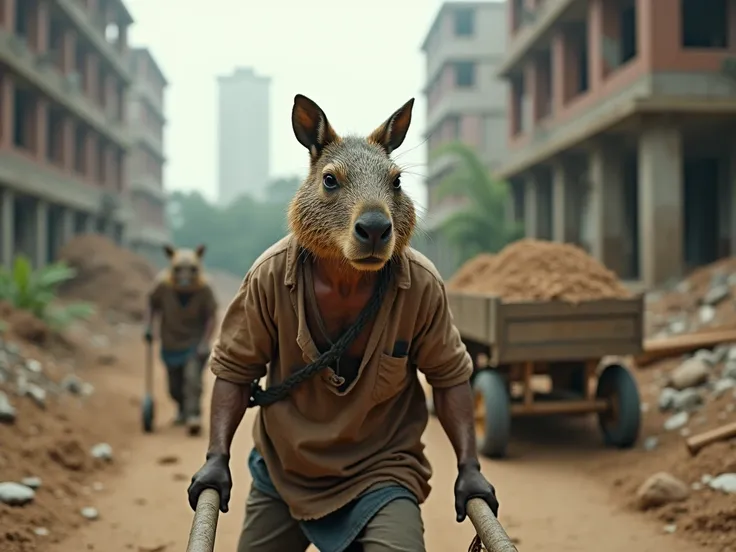 4K Ultra-fine Scenes/8k resolution. On a construction site under construction, A poor man, A capybara in tattered clothes is struggling to push a cart. The capybaras face is filled with sadness and exhaustion. Nearby , Other capybaras are working,   The sc...