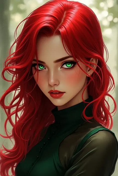 female character,  style with blood-red hair and green eyes, Be in Manhwa 