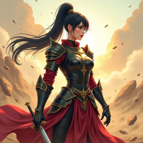 Portrait of a pale adult woman wearing black and red armour with gold trimming on the steel plating, the fabric skirt flows freely, black and gold evening steel gloves. Shiny dark blue eyes, extremely long high black ponytail, shiny red lips, in a sun-lit ...