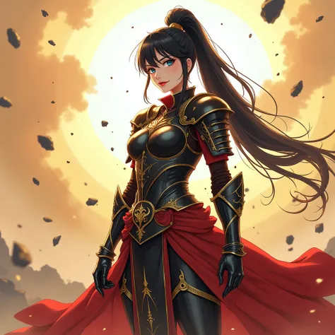 Portrait of a pale adult woman wearing black and red armour with gold trimming on the steel plating, the fabric skirt flows freely, black and gold evening steel gloves. Shiny dark blue eyes, extremely long high black ponytail, shiny red lips, in a sun-lit ...