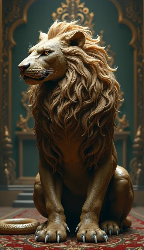 Create a hybrid image that combines the majestic features of a lion with the striking characteristics of a king cobra. The lions powerful mane should blend seamlessly with the snakes scales, incorporating the cobras distinctive hood. The setting should ref...