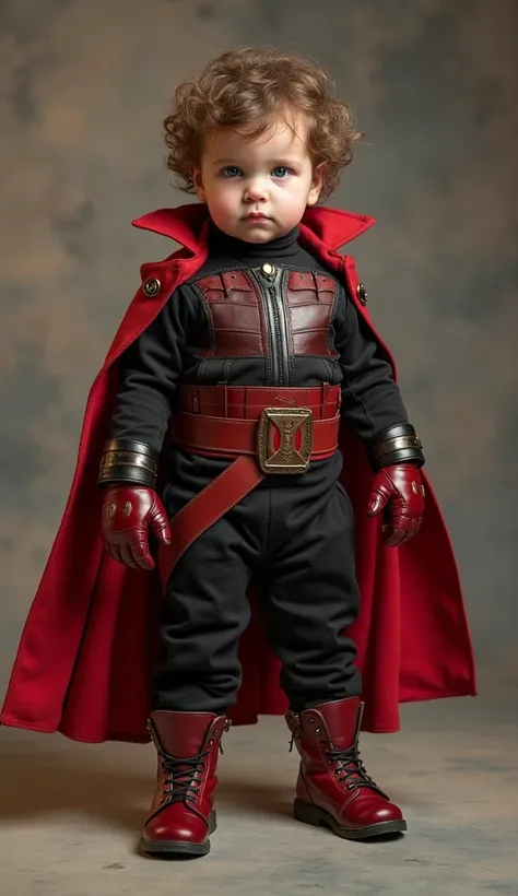 Serious-faced baby model dressed as Gambit in a realistic full-body fashion show