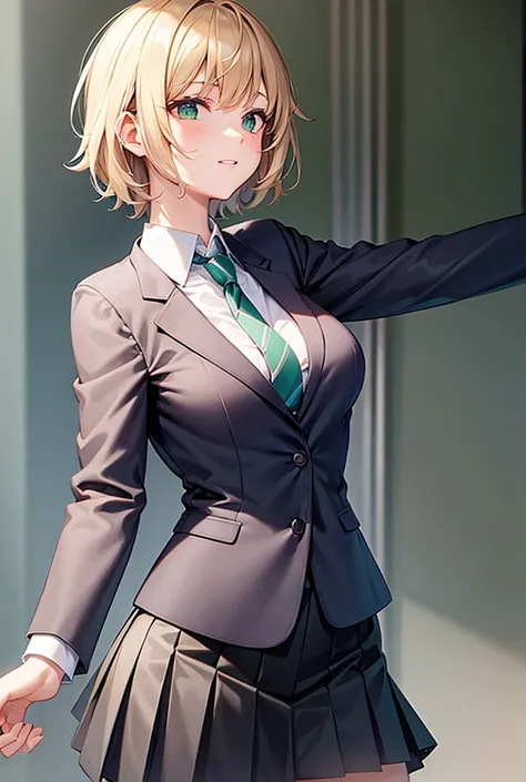 ｛ blazer and dark green tie          ｝,     cute short haired high school girl wearing blazer and dark green tie   , cute short-haired schoolgirl wearing a pleated skirt ,Panty shot,Cute short-haired schoolgirl with big breasts and erect nipples   , Cute B...