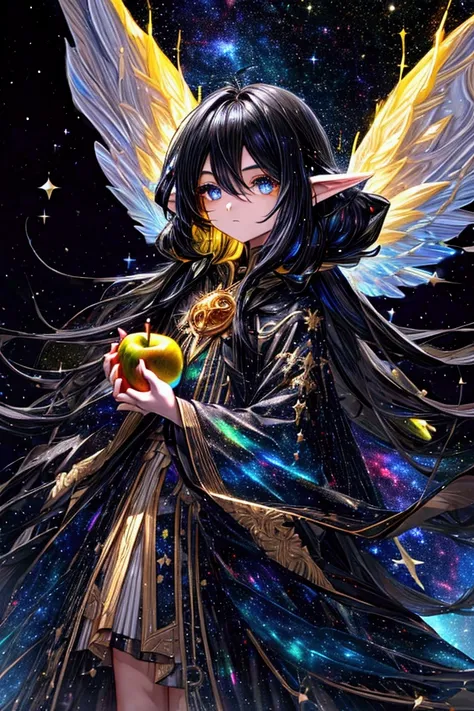 ((A small god)), (( figure of a  boy)), ((galaxy effect eyes)) (( long hair)) (( black hair )) bright eyes, ((ethereal wings)) ((a yellow apple in his hand))