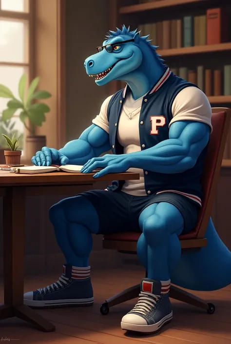 Blue Raptor furry jock sitting in the library