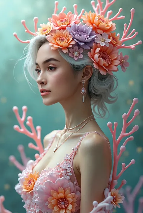 A portrait of a stunningly beautiful woman at one with nature, adorned with vibrant coral and sea-inspired textures. Her elaborate hairpiece features intricate floral and coral designs, in soft pastel shades of pink, orange, and purple. Her dress is a scul...