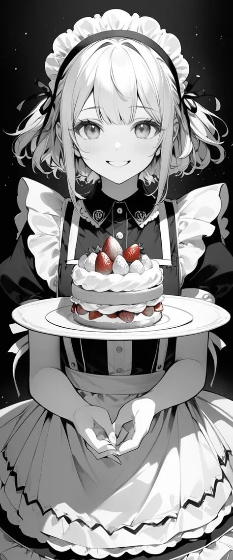 Monochrome Art,Black and white grey,red,redが強調,((redい目,redいいちご)),Get your hands on strawberry shortcake,Smiling maid,masterpiece, best quality,Exquisite,8k, absurd,Ultra-detailed illustrations,Front