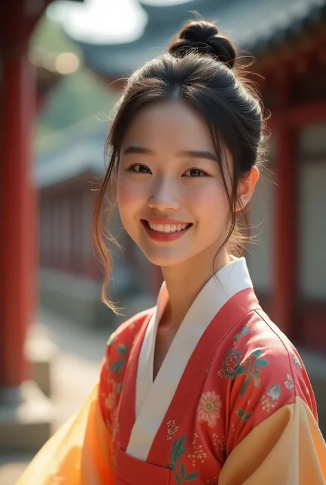 a Korean woman in a brilliantly coloured traditional hanbok from the Joseon period is walking while laughing as she faces towards the camera. her friendly expression gives a bright mood to the scene. Show the womans smooth youthful skin and the intricate d...