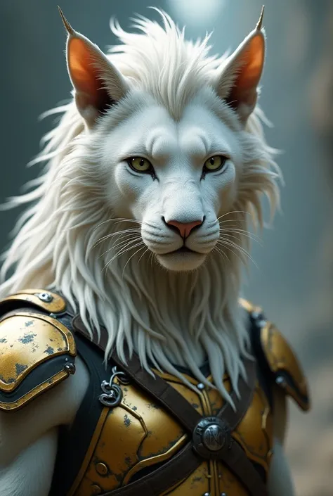 Close up photography, futuristic planet, The Feline Lyran is alien from vega system star, humanoid lion ,with lion white long straight fur and beautiful intricate mane,short ear, feline 3 claw,proportional bulk robust fit body,(courage, brave, fierce chara...