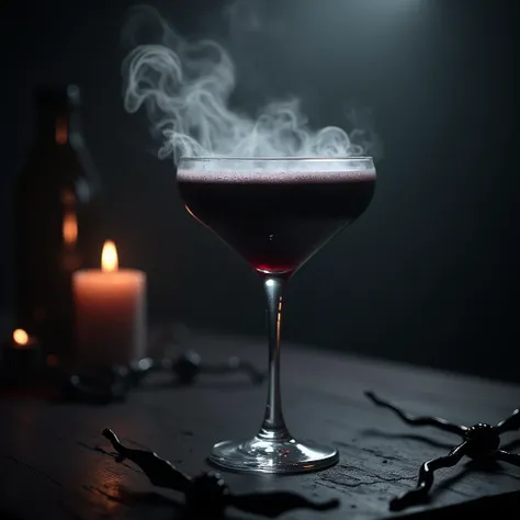 scary cocktail, bar,  death, halloween decoration, simple plain background, professional, dark fantasy, mysterious, dreamy, surrealism, natural lighting, HD, 64K, . , unreal engine, smoky, ​