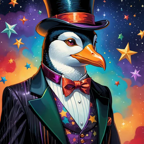 Closeup, Portrait of an extremely dapper penguin wearing an insanely snazzy black tuxedo jacket, purple waistcoat, red bowtie with a black top hat made of stars, floating in a sea of ​​faint multicolored ink red, blue, orange, yellow, green, victorian visi...