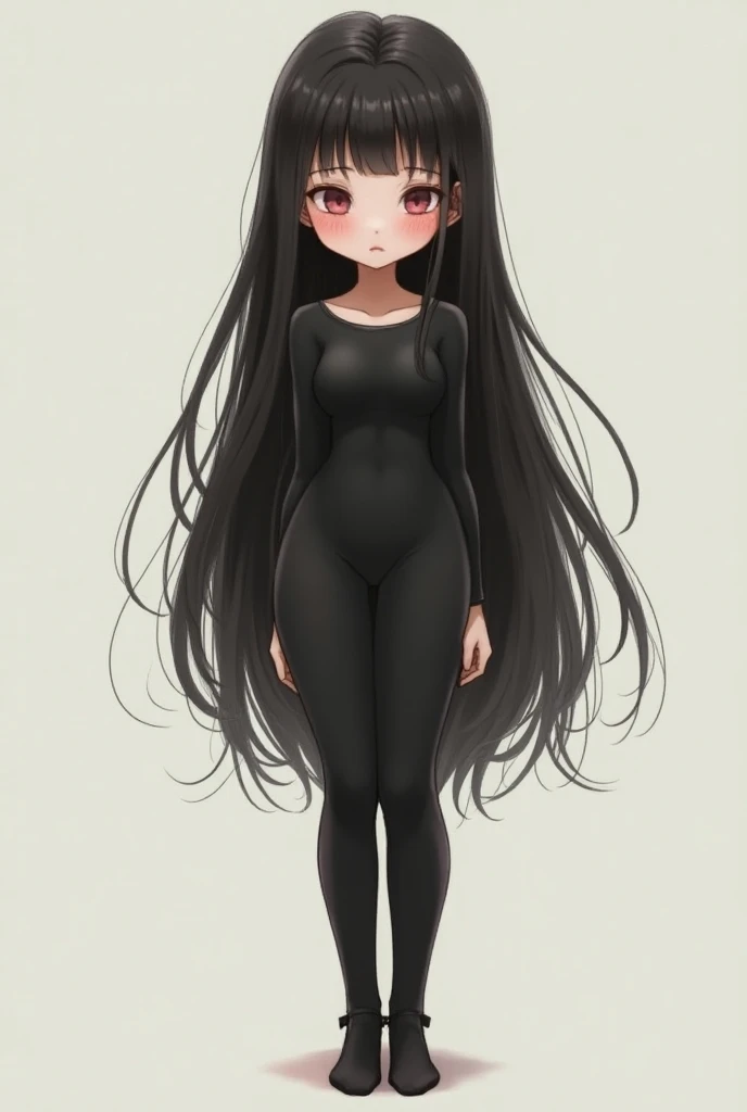  1 girl, solo,  blushes, Long Hair,Black Hair, Large Breasts,  simple background, Full body photo, Black tights,Petite,Pink nipples,M-shaped legs