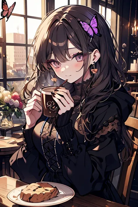 Beauty、 long lashes、Sweet Lip、A seductive smile、Lace-up、 lace fabric、black butterfly、Inside the cafe、 warm coffee and chocolate chip scones 、 dried flowers and candle objects on the table、Bright nails、Butterfly earrings 、 hoodie