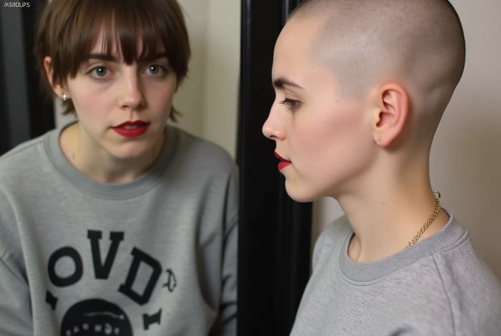 a beautiful bald girl whose head is clean shaven, crimson red lipstick wearing a sweatshirt, and is looking in a mirror at another girl. (Her reflection is of a different girl who is looking through the mirror at her, in the mirror is an (emo girl) wearing...