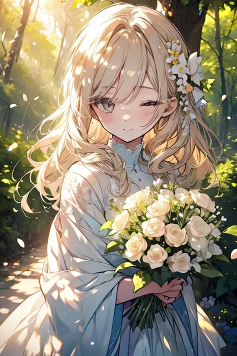 Beauty、 long lashes、A gentle smile、evening、Light hair color、Lots of flowers、 sunlight filtering through the trees、