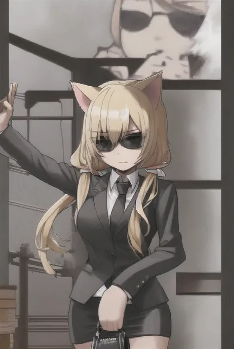 Detective、One Girl,cat ears,blonde, twin tails,Black Suit,tie, At the office,boss,beautiful,, Leather Handbag ,looking ahead,president&#39;s Office,Drink coffee,smile, sit on a chair,Put on a ball mask,